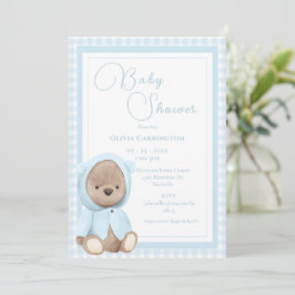 Blå Björn Gingham Vintage Baby Shower Inbjudningar