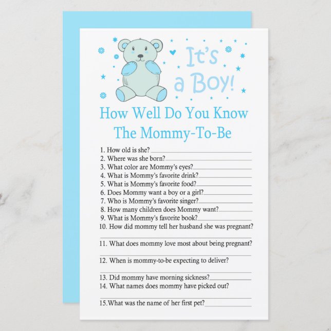 Blå björn Hur väl känner du till baby shower spel (Fram/baksida)