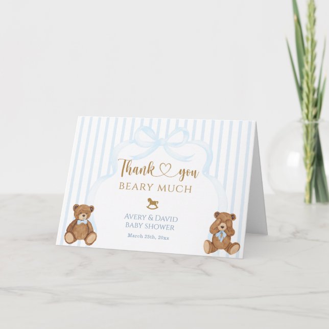 Blå Björn Knapp Väntar Baby Shower Elegant Rand Tack Kort (Framsida)