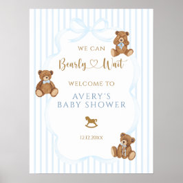 Blå Björn Knappt Vänta Baby Shower Elegant Rand Poster