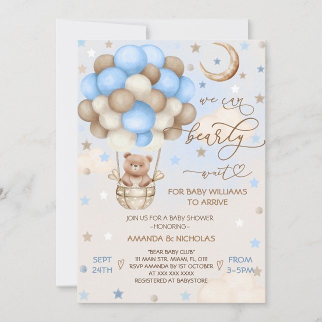 Blå Björn Knappt Vänta Teddybjörn Pojke Babyshower Inbjudningar (Framsida)