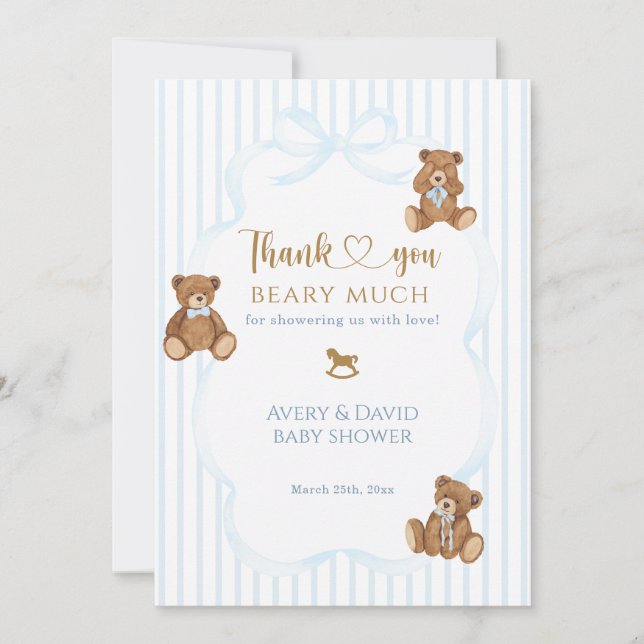 Blå Björn Knappt Väntar Baby Shower Elegant Rand Tack Kort (Framsida)