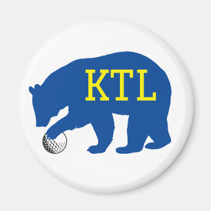 Blå björn med Golf Boll & Gult Initialer eller Nam Magnet