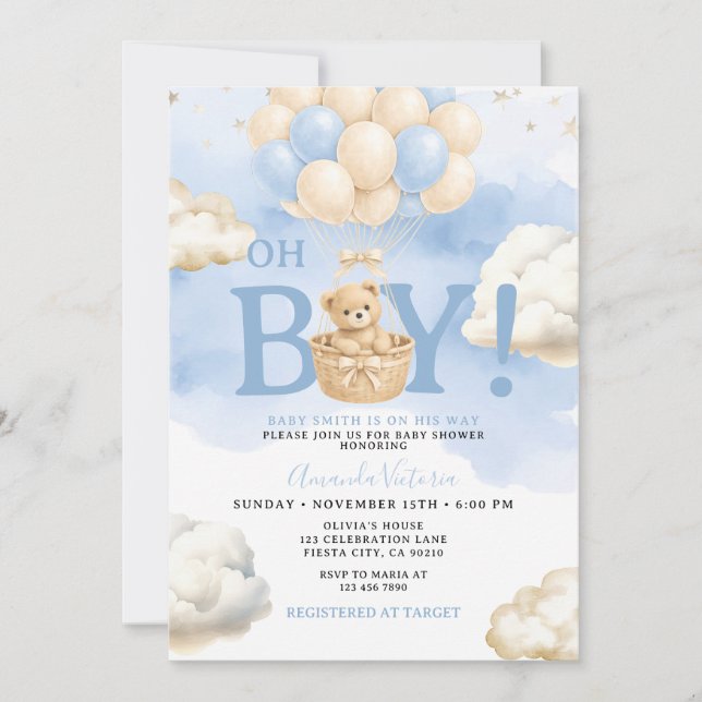 Blå Björn Moln Ballong Baby Shower Inbjudningar (Framsida)