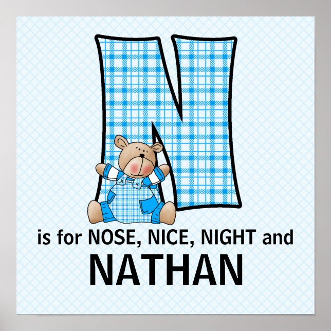 Blå björn monogrammed Brev N Baby rum Poster (Framsidan)