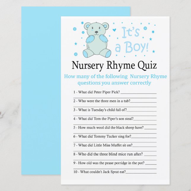 Blå björn Nursery Rhyme Quiz-babyduschspel (Fram/baksida)