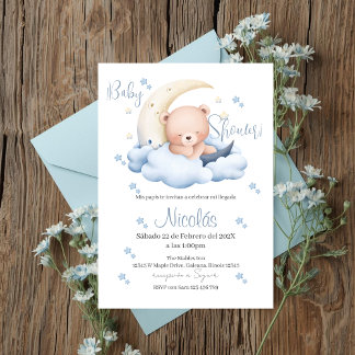 Blå björn spansk baby shower pojke inbjudan