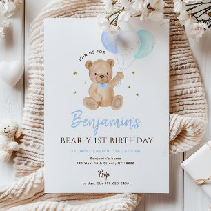 Blå Björn Teddybjörn Ballong Första Födelsedagen Inbjudningar