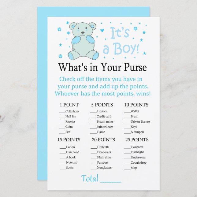 Blå björn Vad är det i ditt handväska? (Fram/baksida)