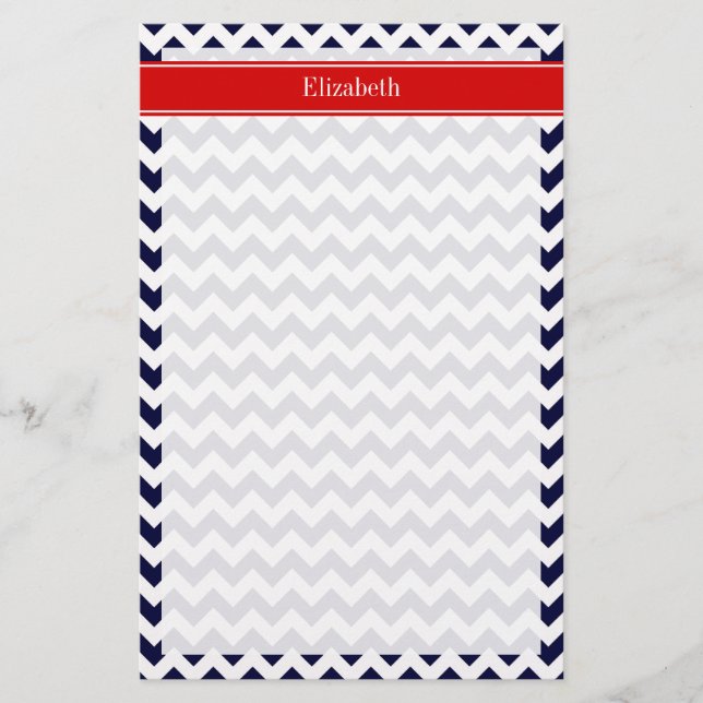 Blå blå Chevron Zig Zag Red Namn Monogram Brevpapper (Framsida)