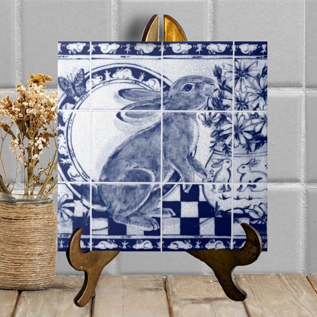 Blå blå kanin Dedham Pottery Delft Mural Kakelplatta (Skapare uppladdad)