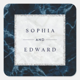 Blå blå marmor Bröllop Fyrkantigt Klistermärke