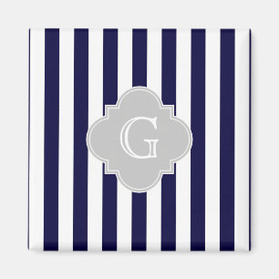Blå blå Rand Lt Grått Quatrefoil Monogram Magnet