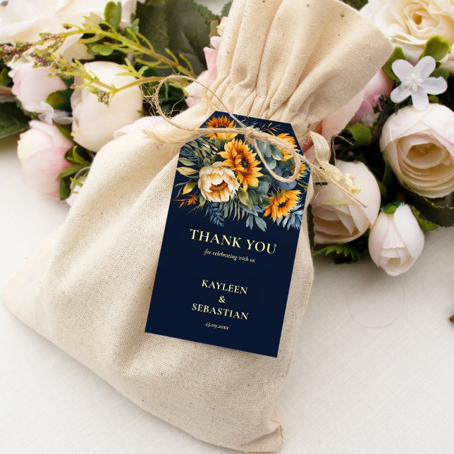 Blå, blå, rustig solrosa bröllop presentetikett (Fall navy blue rustic sunflower wedding gift tags thank you tags floral countryside wedding favors)