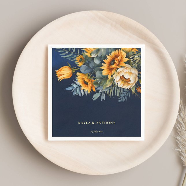 Blå, blå, rustig solrosfärg tryckt under höns pappersservett (Fall wedding navy blue rustic sunflower printed napkins template personalized tableware decor)