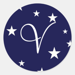 Blå, blå stjärnor Monogram V Sticker Runt Klistermärke