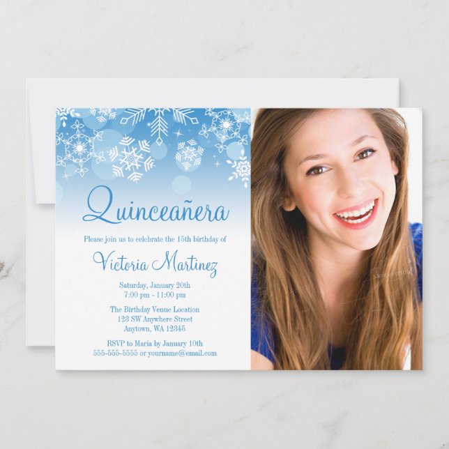 Blå blå vinter Wonderland Quinceanera Inbjudningar (Framsida)
