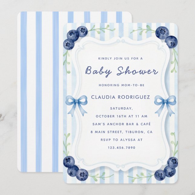 Blå Blåbärs Baby Shower Inbjudan  Akvarell (Fram/baksida)