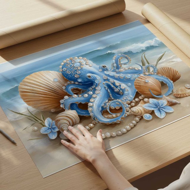 Blå Bläckfisk Kustvägg Konsttryck | Väggposter Poster (Blue Octopus Coastal Wall Art Print | Wall Poster by TinkPrints.)