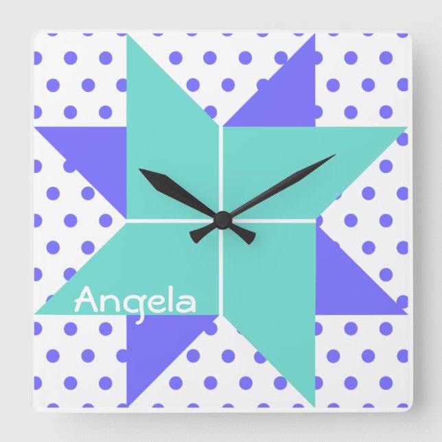 Blå Blek Star Quilt Block Mönster Fyrkantig Klocka (Framsida)
