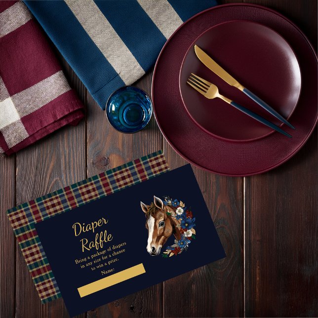 Blå blöjblöjring för Blommigt av vallmoskt häst Tilläggskort (Charming Classic Preppy Equestrian Foal and Floral Wreath | Plaid Boy Baby Shower Diaper Raffle Card)