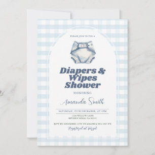 Blå blöjor och Wipes Baby Shower Blue Gingham Inbjudningar