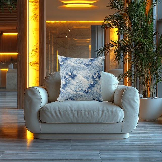 Blå Blom Elegans: Tryckt Broderat Utseende Kudde (Skapare uppladdad)