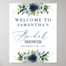 Blå blombröllopsdusch välkomstskylt