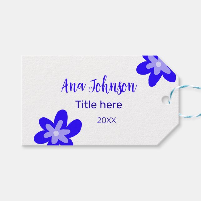 Blå blomdoodle namn, rubrik 20XX-yrke Presentetikett (Framsidan (Horisontell))