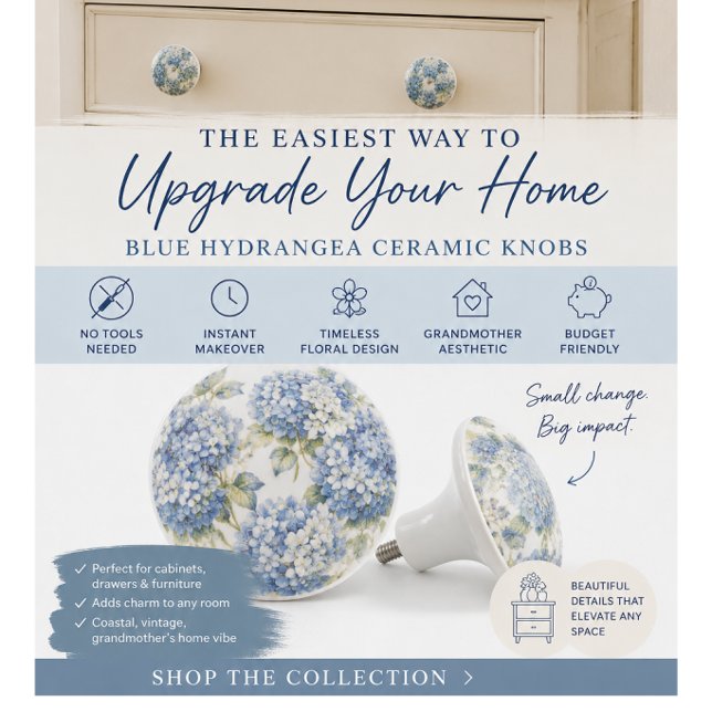 Blå blomkeramikk handtag för skåp | Hortensia Coas (Easy cabinet upgrade with elegant blue hydrangea knobs for timeless coastal home style)
