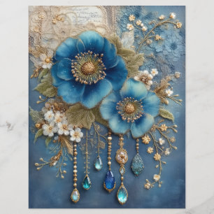 Blå Blomma Ädelstenar Junk Journal Scrapbook Pappe