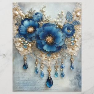 Blå Blomma Ädelstens Junk Journal Scrapbook Papper