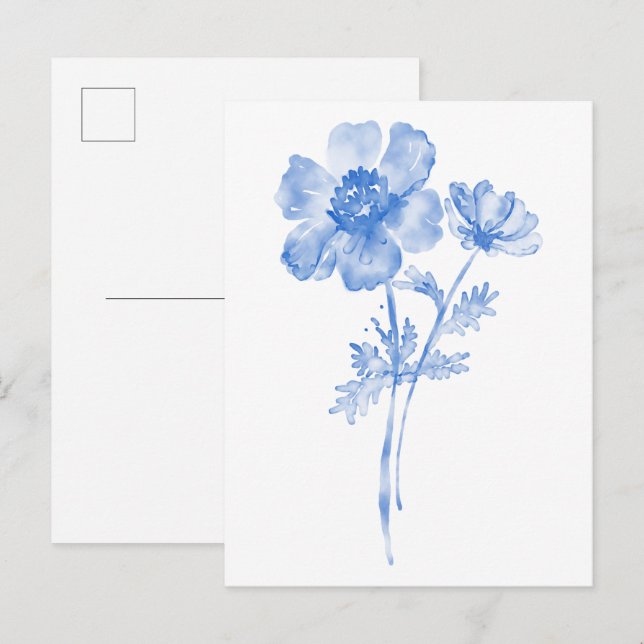 Blå blomma, blomstervattenfärg vykort (Fram/baksida)