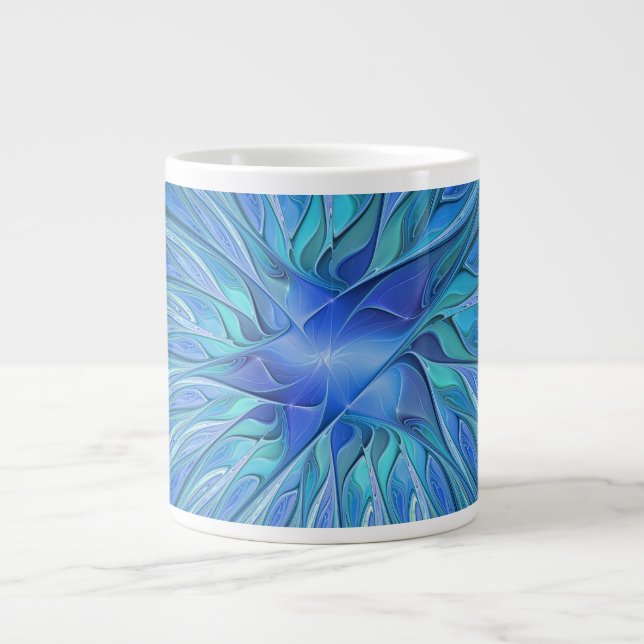 Blå Blomma Fantasi Mönster, Abstrakt Fraktal Konst Jumbo Mugg (Framsidan)