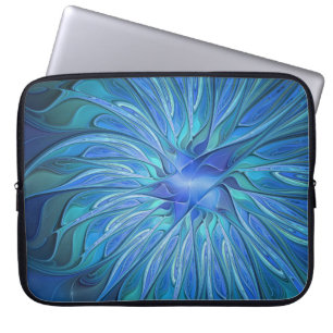 Blå Blomma Fantasi Mönster, Abstrakt Fraktal Konst Laptop Fodral
