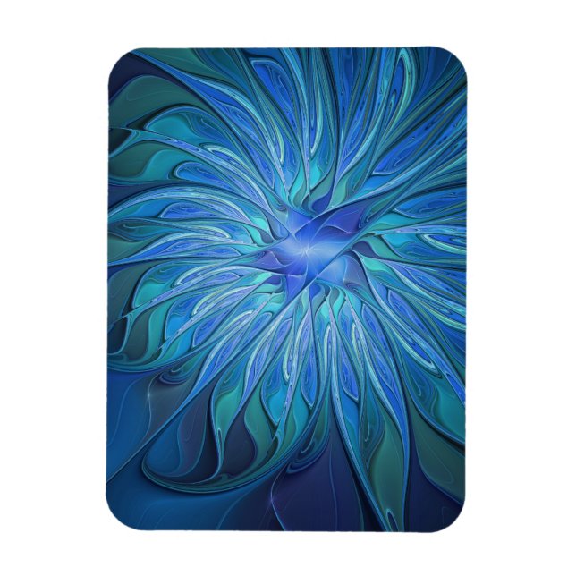 Blå Blomma Fantasi Mönster, Abstrakt Fraktal Konst Magnet (Vertikal)
