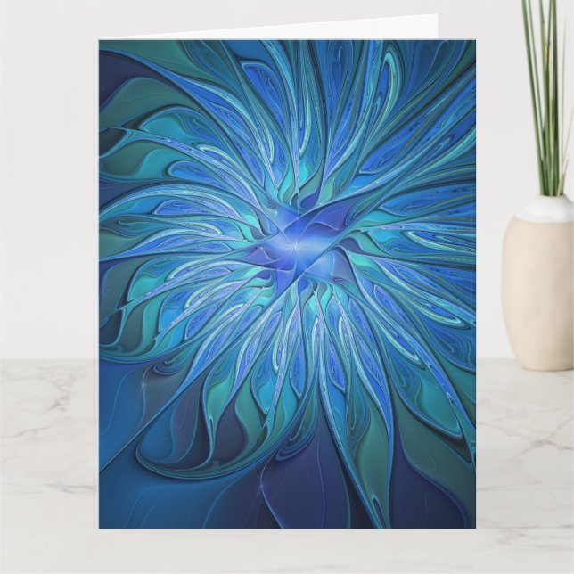 Blå Blomma Fantasi Mönster, Abstrakt Fraktal Konst Tack Kort (Framsida)