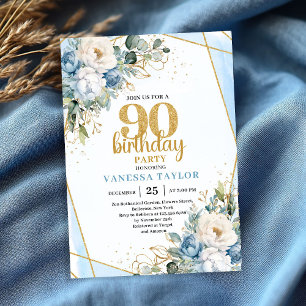 Blå Blomma Guldaccent 90-års Födelsedagsinbjudan Inbjudningar