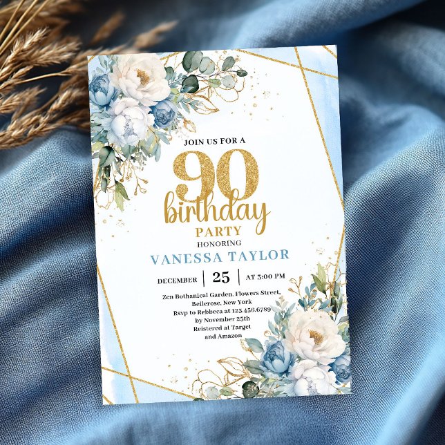 Blå Blomma Guldaccent 90-års Födelsedagsinbjudan Inbjudningar (Blue Flower Gold Accent 90th Birthday Party Invite)