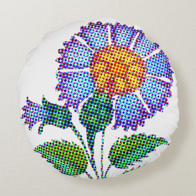 Blå Blomma Halvton Fin Konst Rund Kudde (Baksidan)