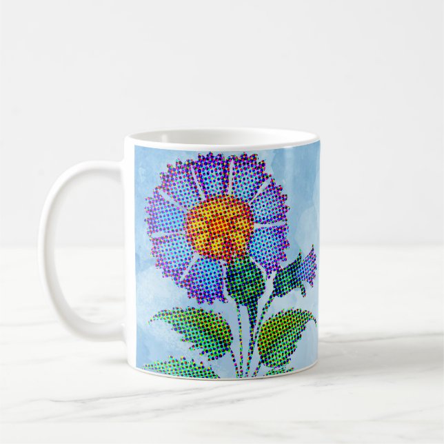 Blå blomma halvtone på blå fin konst kaffemugg (Vänster)