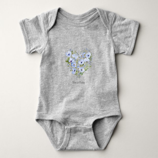 Blå Blomma Hjärtbabydräkt T Shirt (Framsida)