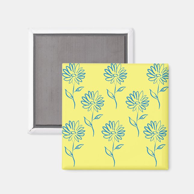 Blå Blomma Kontur På En Gul Bakgrund Magnet (Front/Back)