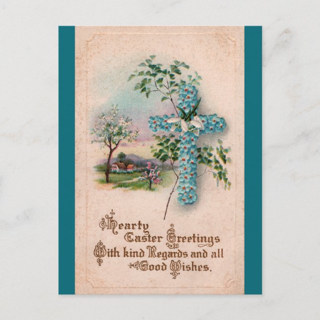 Blå Blomma Kors Påsk Gratulationskort Helg Vykort (Framsida)