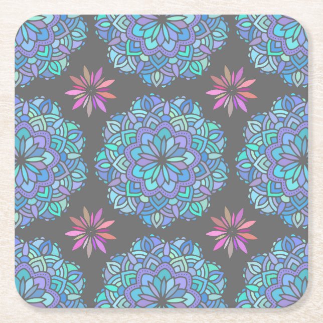 Blå Blomma Mandala Underlägg Papper Kvadrat (Framsidan)
