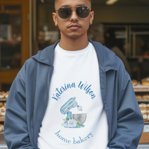 Blå Blomma Mixer Liten Bageri Företag Logotyp T Shirt