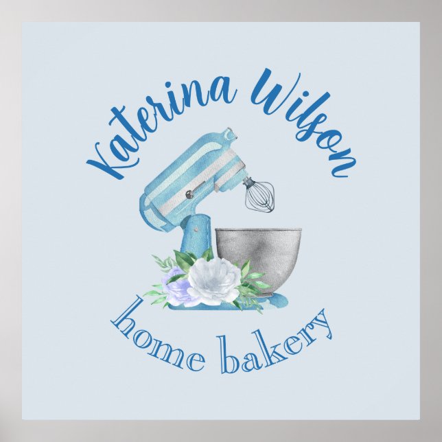 Blå Blomma Mixer Liten Bageri Logotyp Varumärkes T Poster (Framsidan)