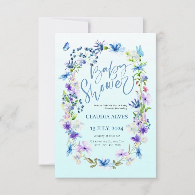 blå blomma och fjäril vattenfärgsbabydusch inbjudningar (Framsida)