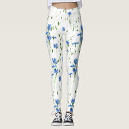 Blå blomma- och grönt-löv, genomskinlig utformning leggings