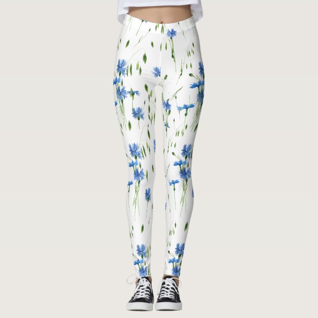 Blå blomma- och grönt-löv, genomskinlig utformning leggings (Framsida)